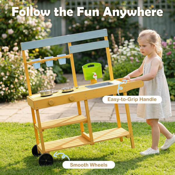 Wooden Outdoor Mud Kitchen for Kids with Flowerpots and Wheels-Yellow