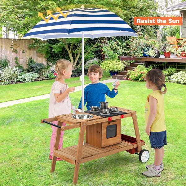Wooden Play Cart with Sun Proof Umbrella for Toddlers Over 3 Years Old