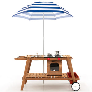 Wooden Play Cart with Sun Proof Umbrella for Toddlers Over 3 Years Old