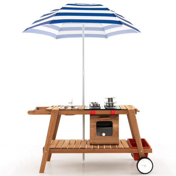 Wooden Play Cart with Sun Proof Umbrella for Toddlers Over 3 Years Old