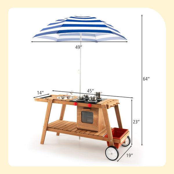 Wooden Play Cart with Sun Proof Umbrella for Toddlers Over 3 Years Old