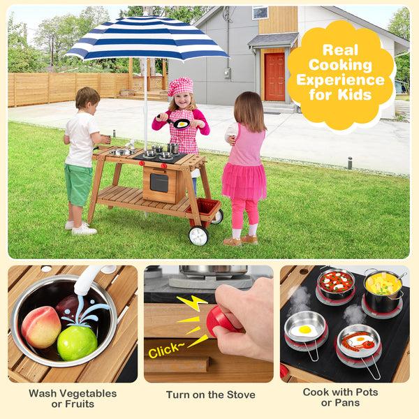 Wooden Play Cart with Sun Proof Umbrella for Toddlers Over 3 Years Old