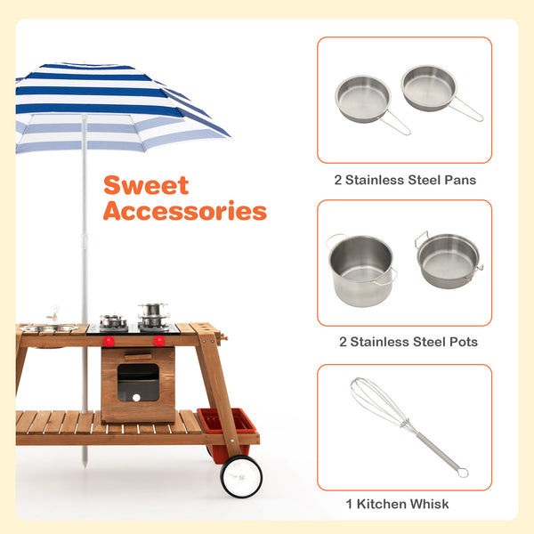 Wooden Play Cart with Sun Proof Umbrella for Toddlers Over 3 Years Old