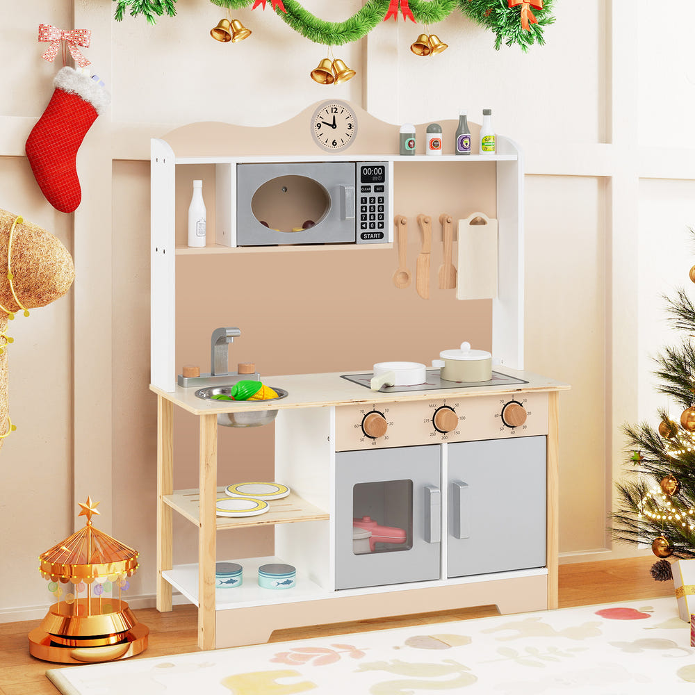 Wooden Play Kitchen Cooking Toy Playset for Kids - Realistic