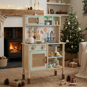 Wooden Play Kitchen for Kids with Lights and Sounds Retro Style With Accessories-Green