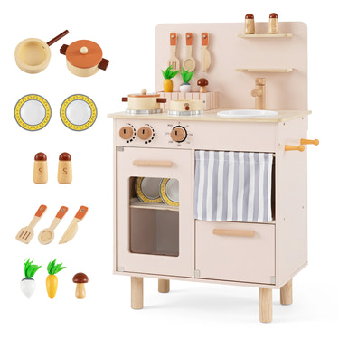 Wooden Play Kitchen for Kids Toddler Kitchen Playset with Stoves Faucet Sink