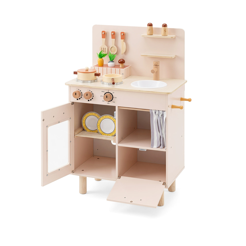 Wooden Play Kitchen for Kids Toddler Kitchen Playset with Stoves Faucet Sink