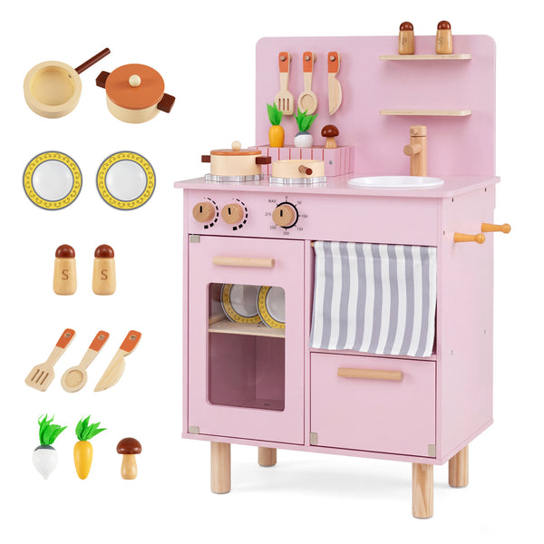 Wooden Play Kitchen for Kids Toddler Kitchen Playset with Stoves Faucet Sink
