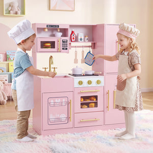 Wooden Play Kitchen with Lights & Sounds and Sink Stove Oven for Kids Ages 3+