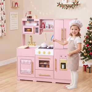 Wooden Play Kitchen with Lights & Sounds and Sink Stove Oven for Kids Ages 3+