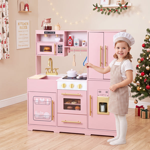 Wooden Play Kitchen with Lights & Sounds and Sink Stove Oven for Kids Ages 3+