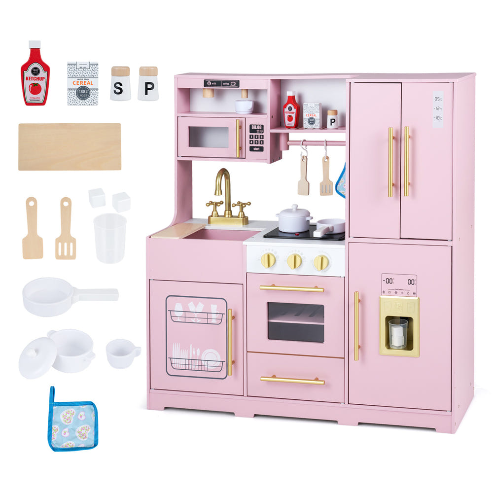 Wooden Play Kitchen with Lights & Sounds and Sink Stove Oven for Kids Ages 3+