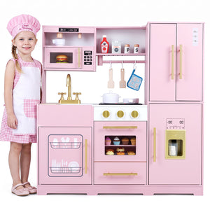 Wooden Play Kitchen with Lights & Sounds and Sink Stove Oven for Kids Ages 3+