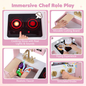 Wooden Play Kitchen with Lights & Sounds and Sink Stove Oven for Kids Ages 3+