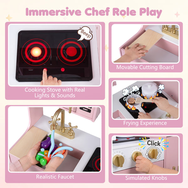 Wooden Play Kitchen with Lights & Sounds and Sink Stove Oven for Kids Ages 3+