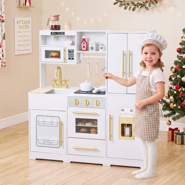 Wooden Play Kitchen with Lights & Sounds and Sink Stove Oven for Kids Ages 3+