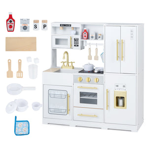 Wooden Play Kitchen with Lights & Sounds and Sink Stove Oven for Kids Ages 3+