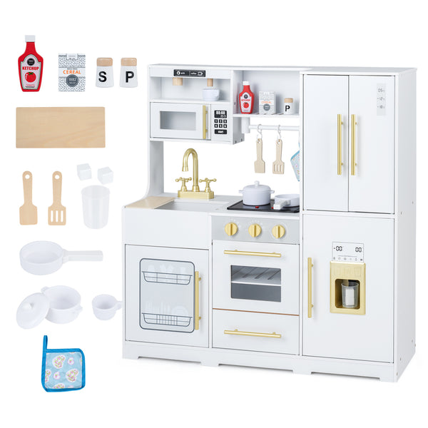 Wooden Play Kitchen with Lights & Sounds and Sink Stove Oven for Kids Ages 3+