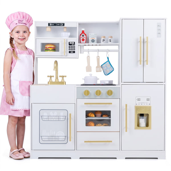 Wooden Play Kitchen with Lights & Sounds and Sink Stove Oven for Kids Ages 3+