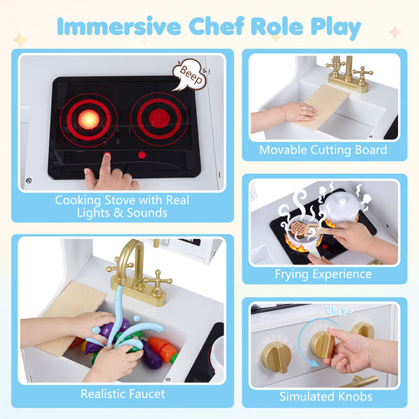 Wooden Play Kitchen with Lights & Sounds and Sink Stove Oven for Kids Ages 3+