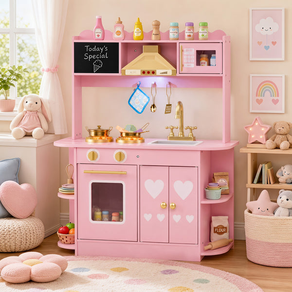 Wooden Play Kitchen with Lights & Sounds and Stove Oven for Toddlers Ages 3+-Pink