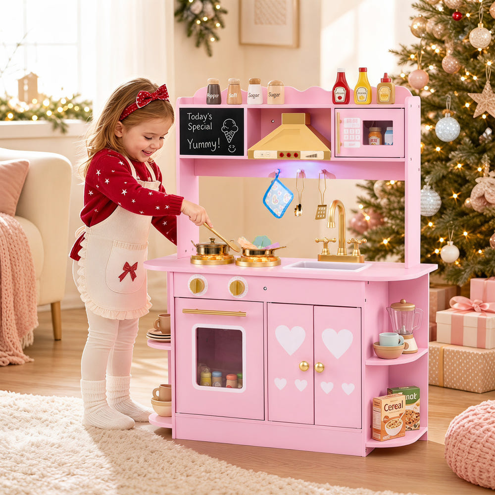Wooden Play Kitchen with Lights & Sounds and Stove Oven for Toddlers Ages 3+-Pink