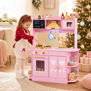 Wooden Play Kitchen with Lights & Sounds and Stove Oven for Toddlers Ages 3+-Pink