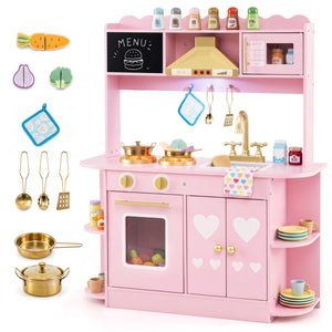 Wooden Play Kitchen with Lights & Sounds and Stove Oven for Toddlers Ages 3+-Pink