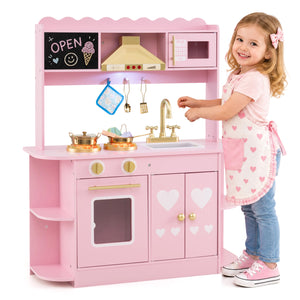 Wooden Play Kitchen with Lights & Sounds and Stove Oven for Toddlers Ages 3+-Pink