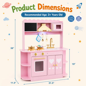 Wooden Play Kitchen with Lights & Sounds and Stove Oven for Toddlers Ages 3+-Pink