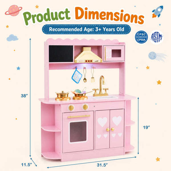 Wooden Play Kitchen with Lights & Sounds and Stove Oven for Toddlers Ages 3+-Pink