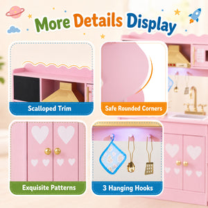 Wooden Play Kitchen with Lights & Sounds and Stove Oven for Toddlers Ages 3+-Pink