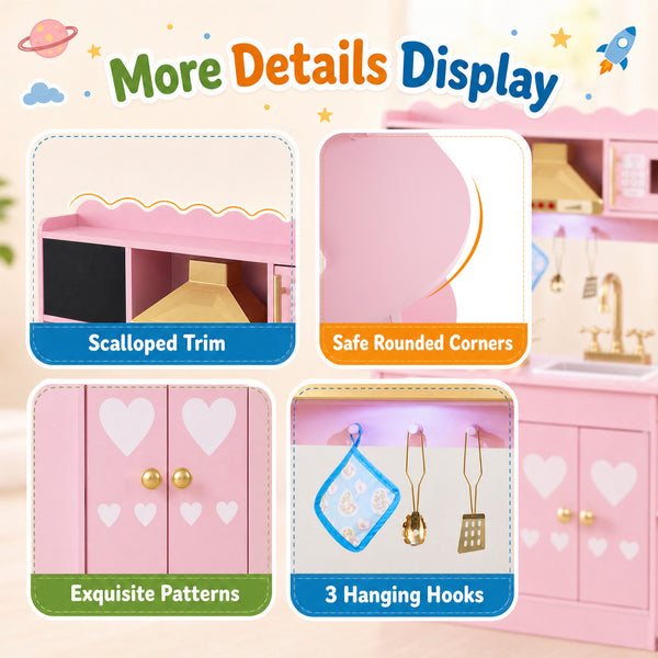 Wooden Play Kitchen with Lights & Sounds and Stove Oven for Toddlers Ages 3+-Pink