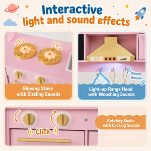Wooden Play Kitchen with Lights & Sounds and Stove Oven for Toddlers Ages 3+-Pink