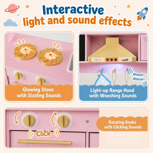 Wooden Play Kitchen with Lights & Sounds and Stove Oven for Toddlers Ages 3+-Pink