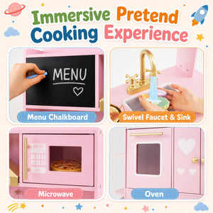Wooden Play Kitchen with Lights & Sounds and Stove Oven for Toddlers Ages 3+-Pink