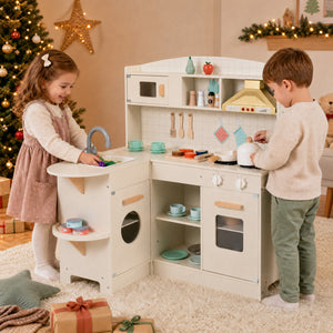 Wooden Play Kitchen with Lights & Sounds and Stove Microwave Sink for Ages 3+-White