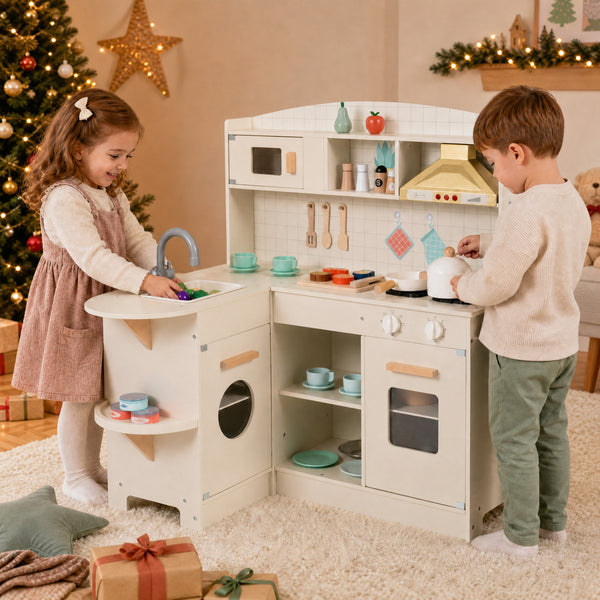 Wooden Play Kitchen with Lights & Sounds and Stove Microwave Sink for Ages 3+-White