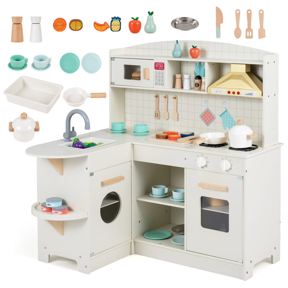 Wooden Play Kitchen with Lights & Sounds and Stove Microwave Sink for Ages 3+-White