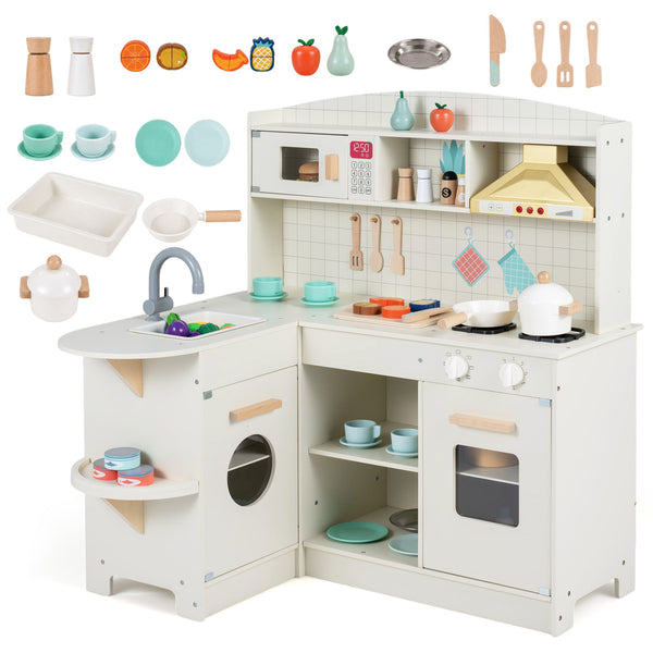 Wooden Play Kitchen with Lights & Sounds and Stove Microwave Sink for Ages 3+-White