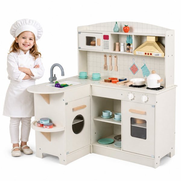 Wooden Play Kitchen with Lights & Sounds and Stove Microwave Sink for Ages 3+-White