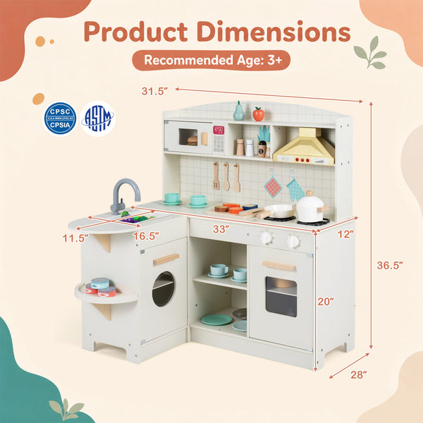 Wooden Play Kitchen with Lights & Sounds and Stove Microwave Sink for Ages 3+-White