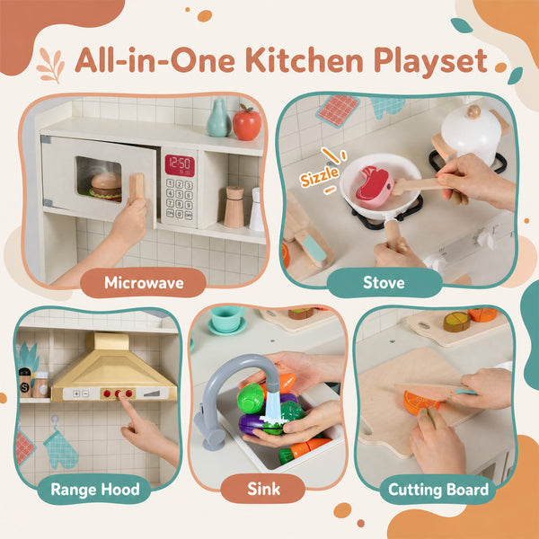 Wooden Play Kitchen with Lights & Sounds and Stove Microwave Sink for Ages 3+-White