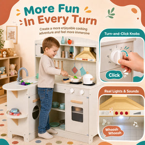 Wooden Play Kitchen with Lights & Sounds and Stove Microwave Sink for Ages 3+-White