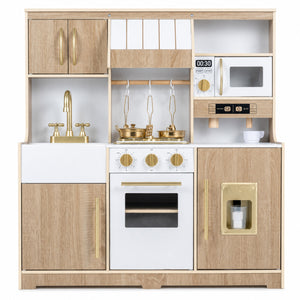 Wooden Play Kitchen with Lights & Sounds and Ice Maker Stove Sink for Toddlers-Natural