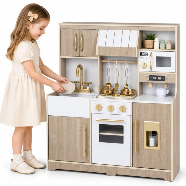 Wooden Play Kitchen with Lights & Sounds and Ice Maker Stove Sink for Toddlers-Natural