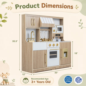 Wooden Play Kitchen with Lights & Sounds and Ice Maker Stove Sink for Toddlers-Natural