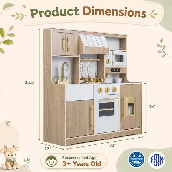 Wooden Play Kitchen with Lights & Sounds and Ice Maker Stove Sink for Toddlers-Natural