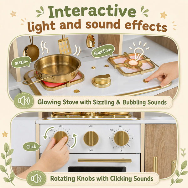 Wooden Play Kitchen with Lights & Sounds and Ice Maker Stove Sink for Toddlers-Natural