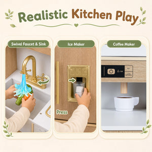 Wooden Play Kitchen with Lights & Sounds and Ice Maker Stove Sink for Toddlers-Natural